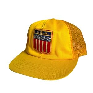 Vintage USA Trucker Hat Farmer Cap Yellow Mesh 1980s Americana Patriotic Patch